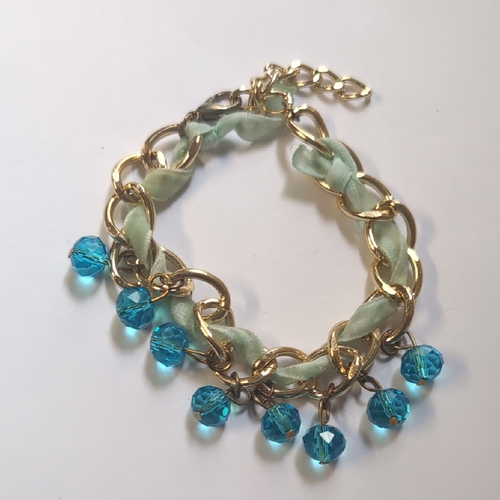 Gold and Blue Beaded Chain Bracelet